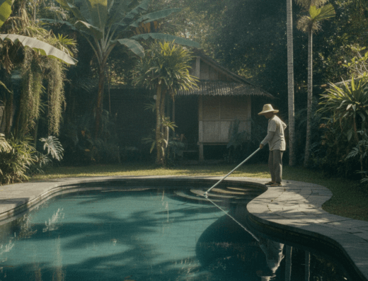 MS Pool Shop & Maintenance Ubud swimming pool service and contracting in Gianyar, Bali — illustrative AI-generated image