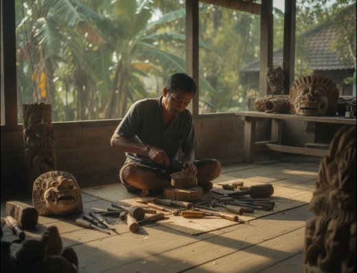 Dewa Malen Wood Carving Studio, Mas, Ubud, Bali — illustrative AI-generated image (Gemini)