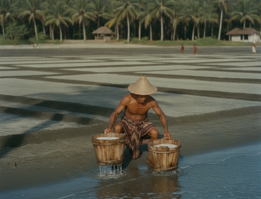 Traditional Kusamba Salt Farming, Kusamba Beach, Klungkung, Bali — illustrative AI-generated image (Gemini)