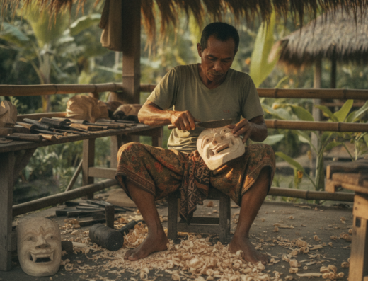 Kadek Anom Mask Studio, Mas, Ubud, Bali — illustrative AI-generated image (Gemini)
