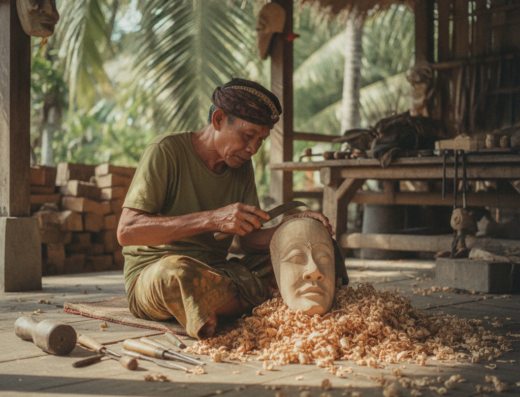 I Wayan Muka Mask Carver, Mas, Ubud, Gianyar, Bali — illustrative AI-generated image (Gemini)