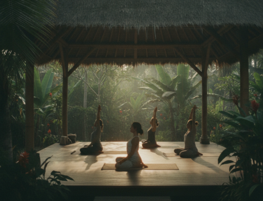 Dewi Sanur Morning Yoga Shala, Jl. Bypass Ngurah Rai, Bali — illustrative AI-generated image (Gemini)